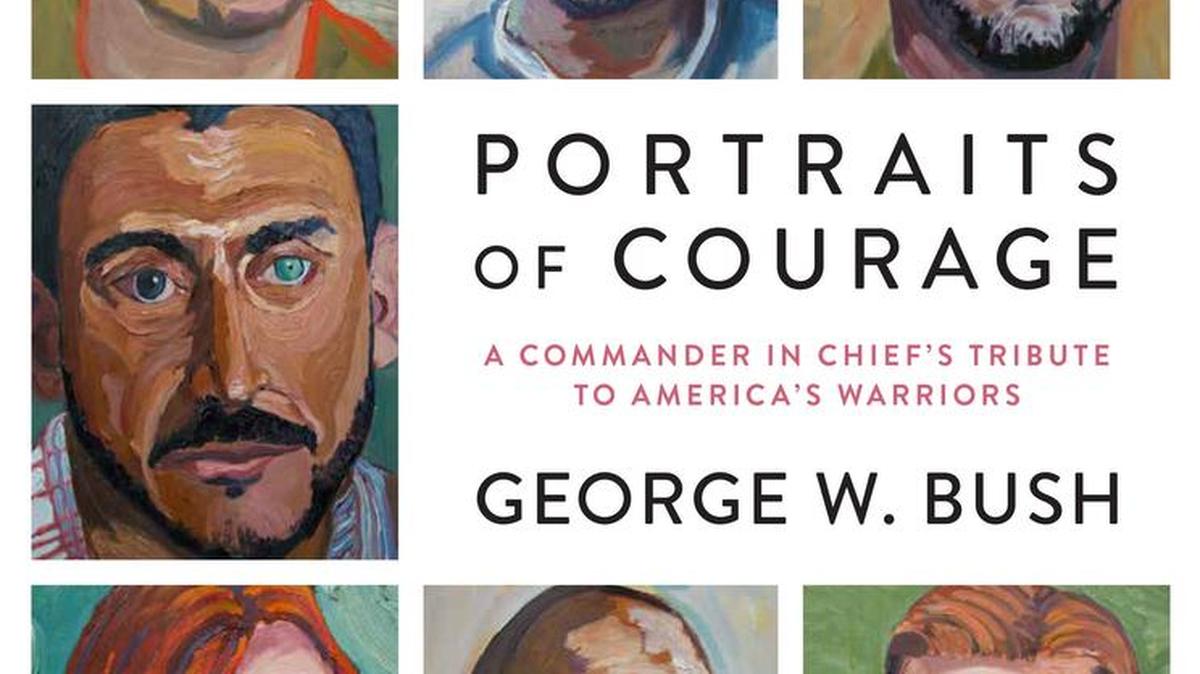 This book cover image released by Crown shows, "Portraits of Courage: A Commander in Chief’s Tribute to America’s Warriors," by President George W. Bush. The book will feature 66 paintings and a four-panel mural of military veterans and those in active service, the Crown Publishing Group, Wednesday, Sept 14, 2016. The book is scheduled to come out Feb. 28, 2017.