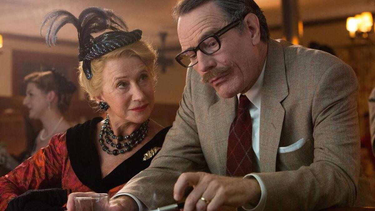 This photo provided by Bleecker Street shows, Helen Mirren, left, as Hedda Hopper and Bryan Cranston as Dalton Trumbo, in Jay Roach’s “Trumbo,” a Bleecker Street release. The movie opens in U.S. theaters on Friday, Nov. 6, 2015.