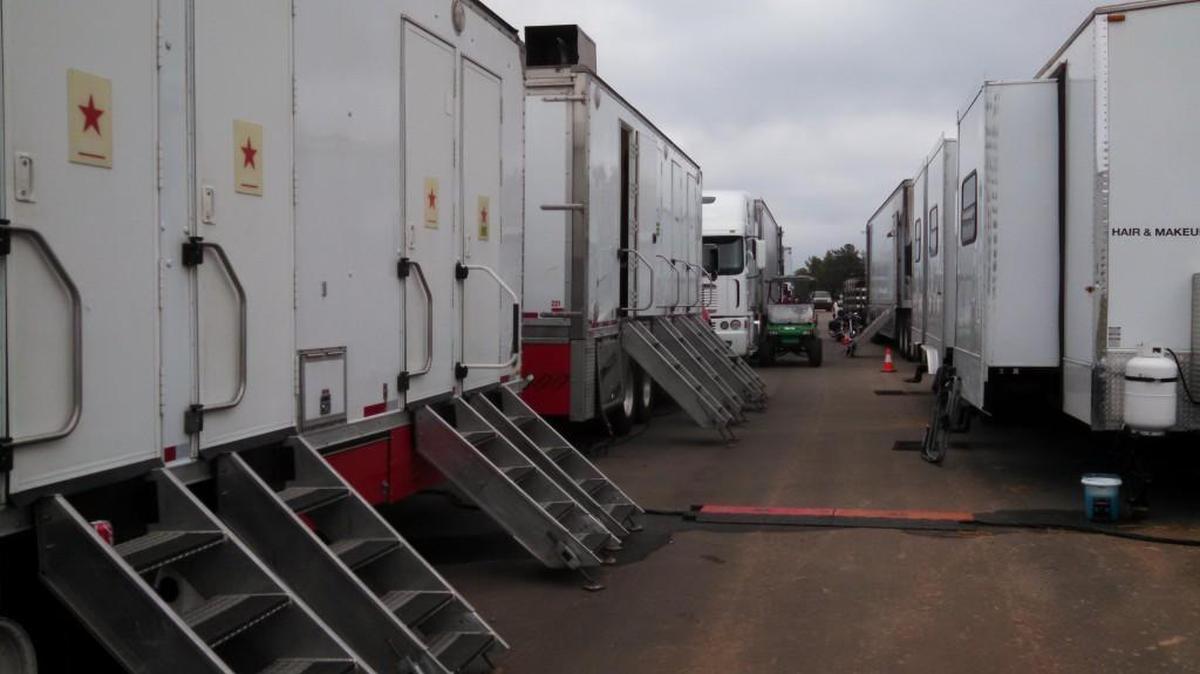 
Trucks and trailers camped on an unfinished portion of the Fort Mill bypass Sept. 20-23, at its Holbrook Road intersection. Crews filmed nearby for “Outcast.” 
