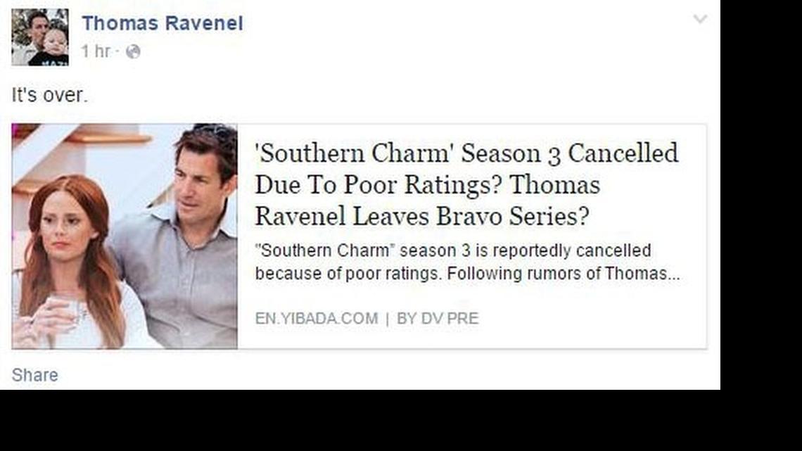 
On his Facebook page, Thomas Ravenel linked to a story stating that the Charleston-based reality show “Southern Charm,” was canceled.
