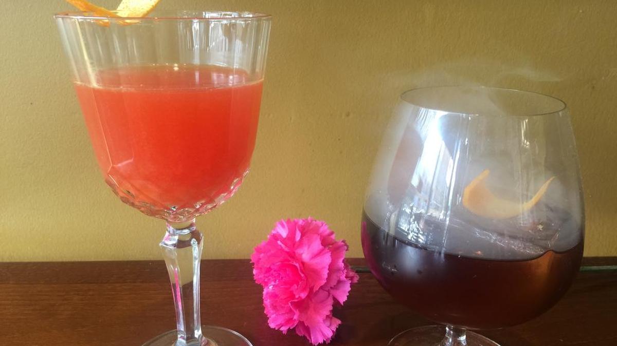 Michael’s Cafe’s Salvador Dali-inspired cocktails are, from left, the Casanova and the gorro de dormir.