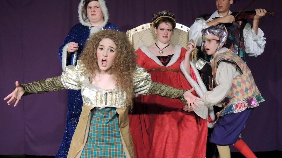 
“Once Upon a Mattress” cast members include, from left, Noah Barker (Wizard), Georgie Harrington (Winnifred), Kaitlyn Fuller (Queen Aggravain), Sam Fleischer (Jester) and Taylor Diveley (Minstrel).
