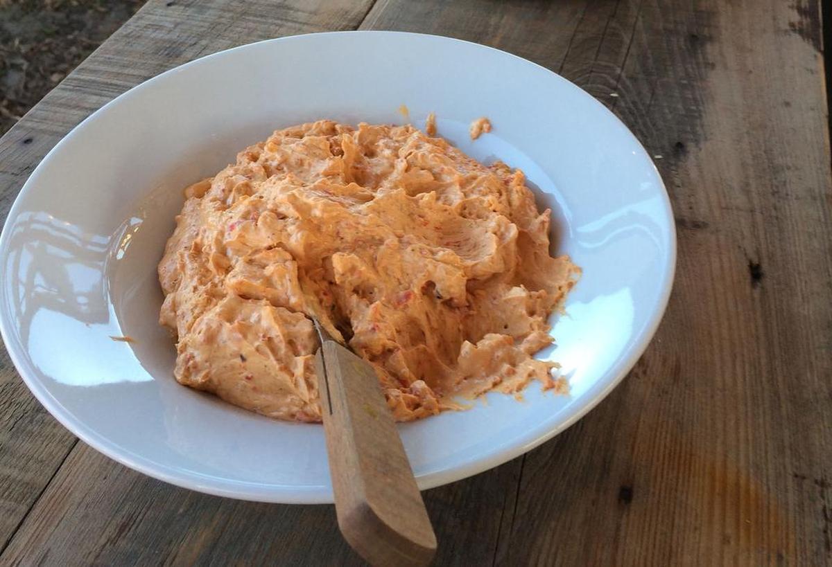 Bourbon’s pimento cheese spread. Granted this photo was taken at a Farm to Table Event, but the creamy, spicy pimento cheese dip (or spread or schmear, whatever) ladled onto the thin crispy wafers that come with each order at Bourbon is addictive.