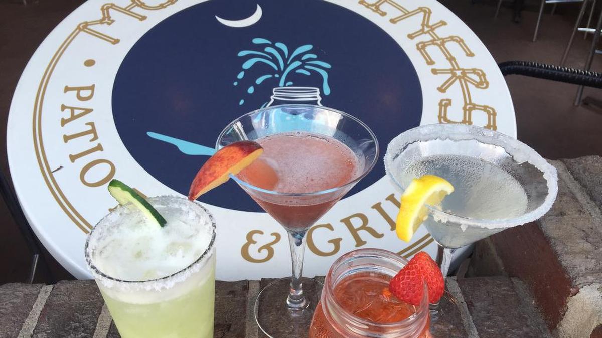 A sample of Moonshiners Patio Bar and Grill in Lexington’s summer drink selection (clockwise): the Georgia Peach, the Texas Lemon Drop Martini, the Jailbird and the Cucumber Margarita.
