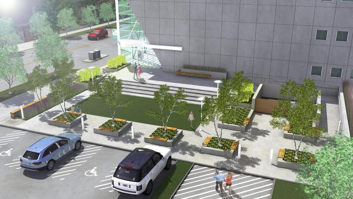 An artist’s rendering shows plans for the upper parking lot at Richland Library’s main branch. The area will include a green space for events like a farmers market.