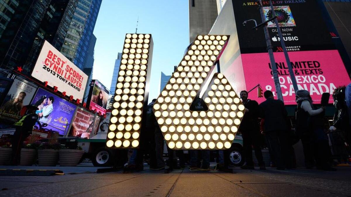 The numerals '1' and '6,' to be used to spell out '2-0-1-6' for the Times Square New Years Eve celebration, are unveiled in Times Square in New York, NY, on December 15, 2015.