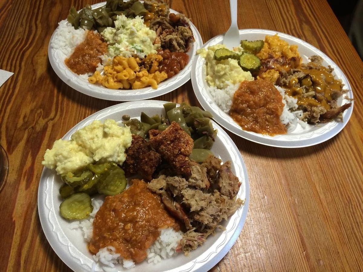 Diners’ plates from the lunch buffet line at Palmetto Pig.