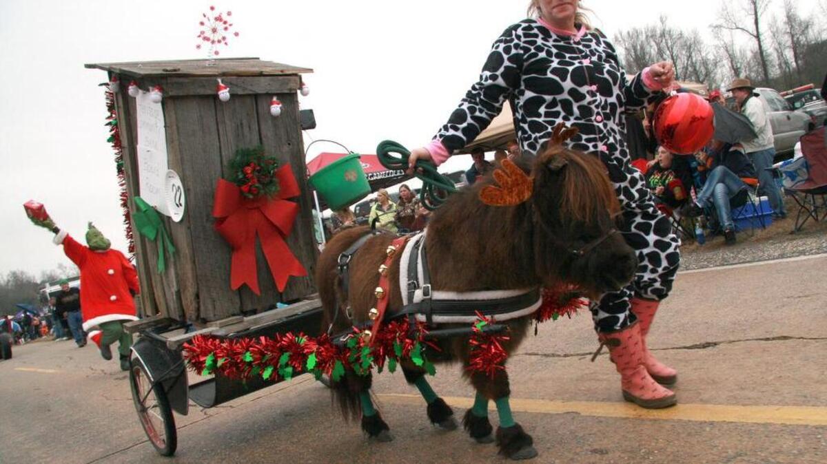 A miniature horse pulls an outhouse on wheels in a past Boykin Christmas Parade.