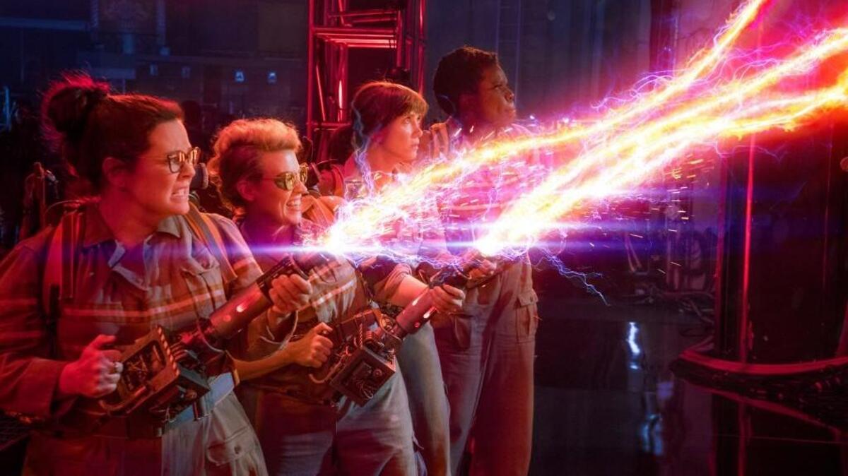 The new crew of Ghostbusters, from left: Abby (Melissa McCarthy), Jillian (Kate McKinnon), Erin (Kristen Wiig) and Patty (Leslie Jones), firing away at a new crop of paranormal marauders.