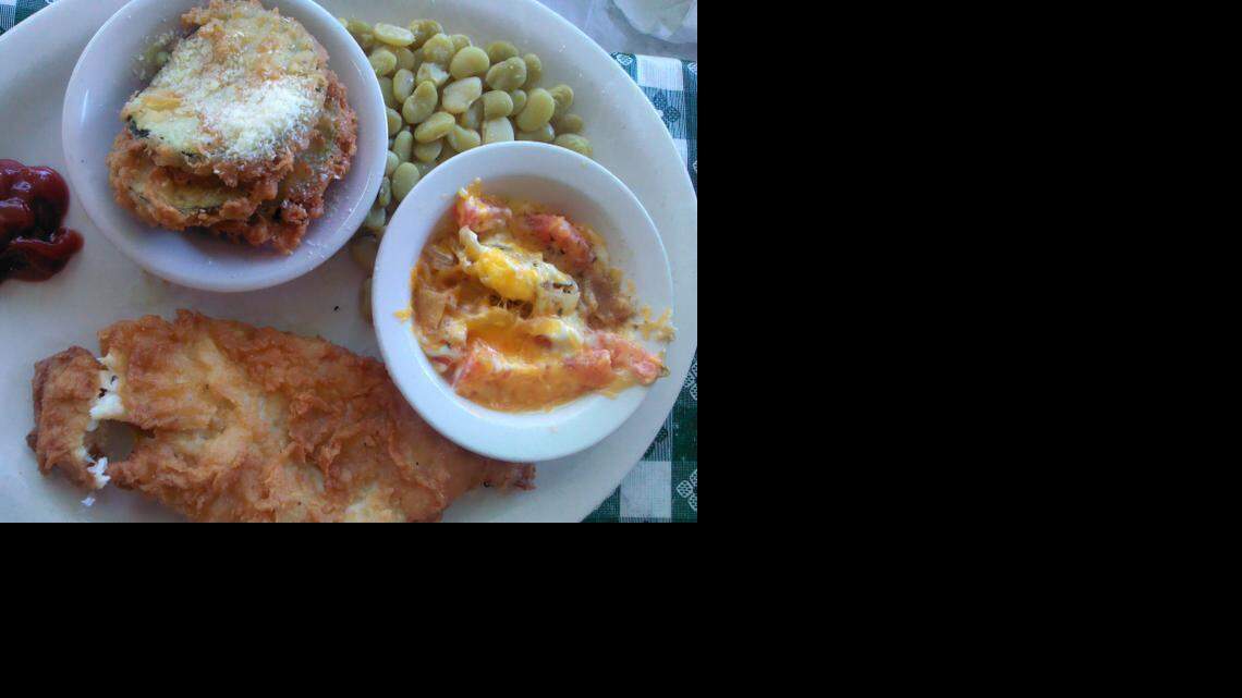 
Fried flounder, baby limas, zucchini with parmesan, and tomato pie
