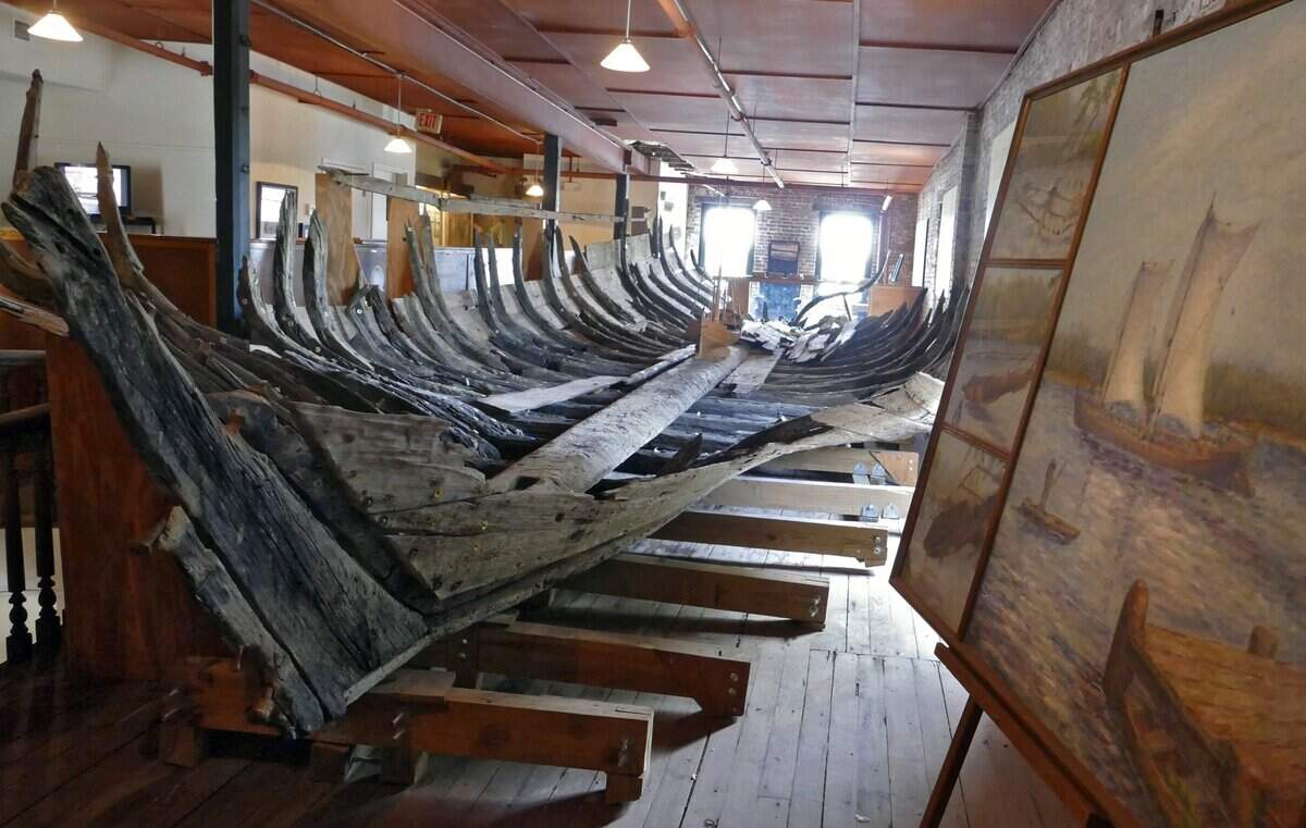 The remains of the Brown's Ferry Vessel are on the top floor of the Rice Museum, along with a model built after the ship was recovered in 1976. The roof had to be removed from the building to get the remains of the 50-foot vessel into the building.