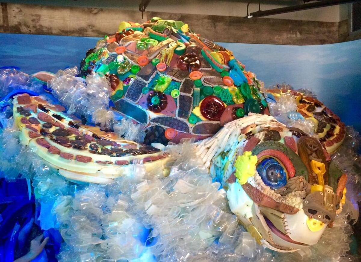 A turtle sculpture made of trash found in the ocean is on display at the Sea Lion Landing attraction at Riverbanks Zoo.