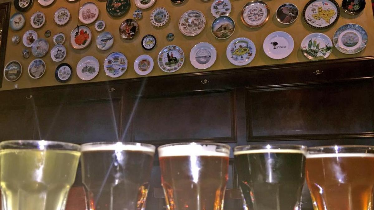 A custom Flying Saucer flight includes, from left, Moonlight Meadery’s “How Bout Them Apples,” Monk’s Cafe Flemish Sour Ale, New South’s Cooper River Red, Dragons Milk Bourbon Barrel Aged Imperial Milk Stout and The Palmetto Ghost Rider made with ghost peppers.