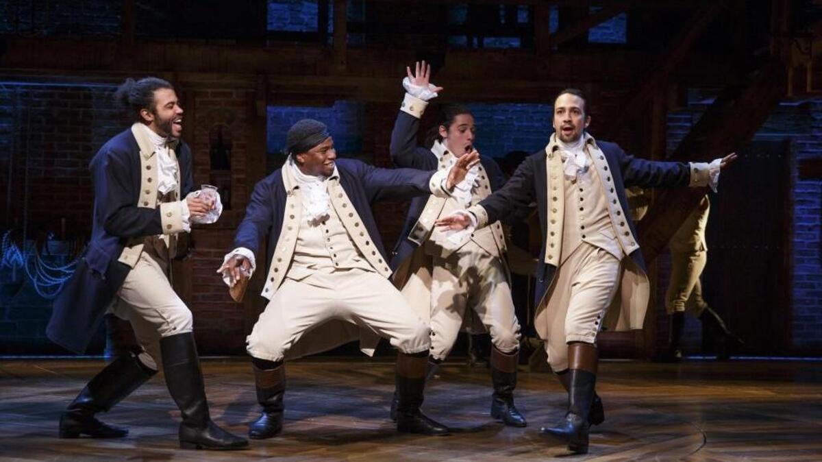 The revolutionaries in “Hamilton” on Broadway were originally played by, from left, Daveed Diggs, Okieriete Onaodowan, Anthony Ramos and creator Lin-Manuel Miranda.