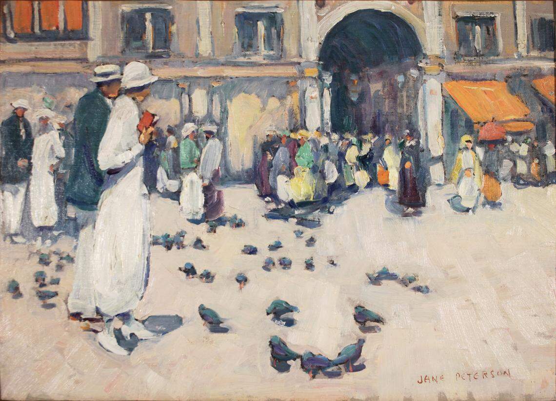 "The Pigeons of St. Mark’s," 1923, by Jane Peterson. Oil on board, 10 inches by 14 inches.