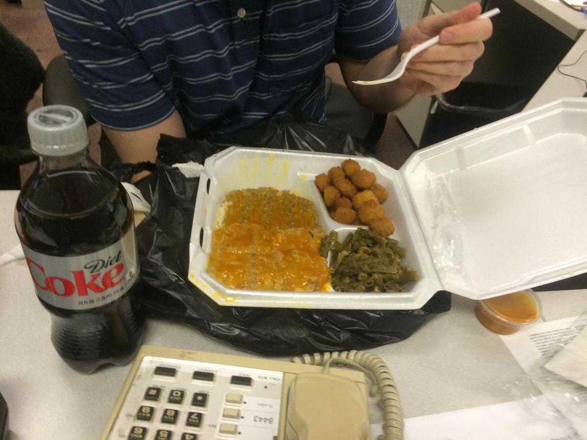 A chopped barbecue platter with hash and rice, green beans and fried okra from Chewy’s BBQ & Grill.