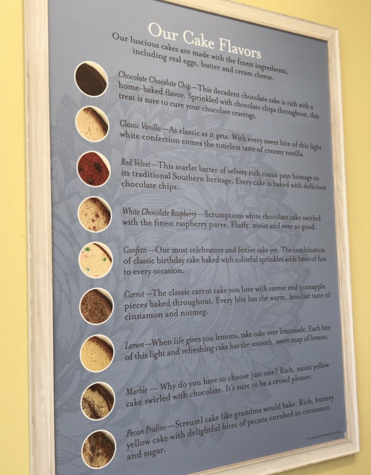 Nothing Bundt Cake’s flavor board.