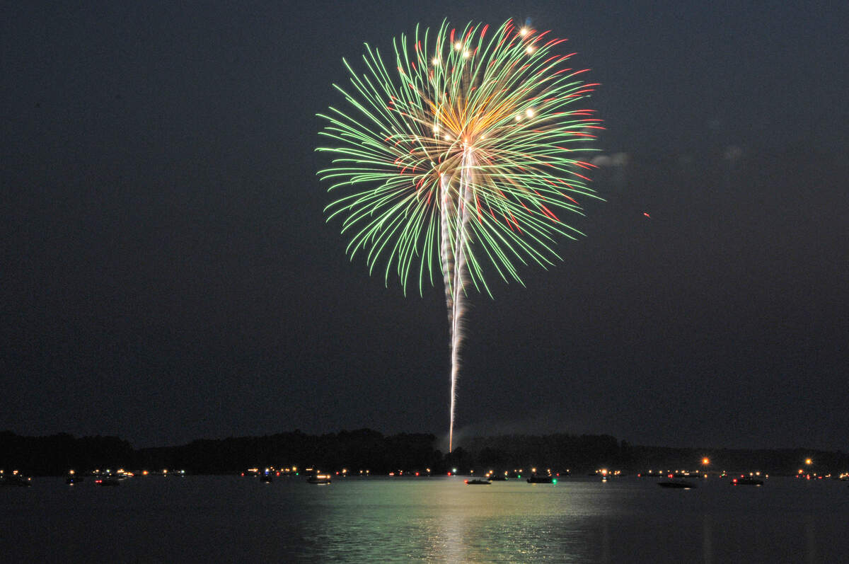 Fireworks are launched from Spence and Dreher islands in Lake Murray. The shows, which start around 9:15 p.m. are synced to patriotic music.
