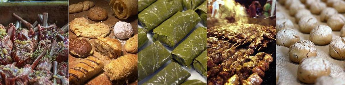 From left, lamb chops, pastries, dolmades (stuffed grape leaves), souvlaki (pork or lamb on a stick), and kourambiedes (Greek wedding cookies).