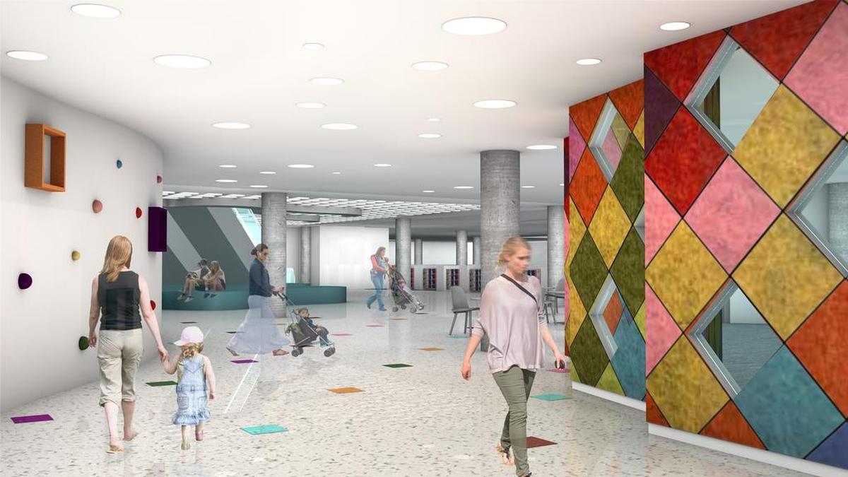 An artist’s rendering shows patrons entering the garden level of Richland Library’s main branch directly from the lower parking lot behind the building.