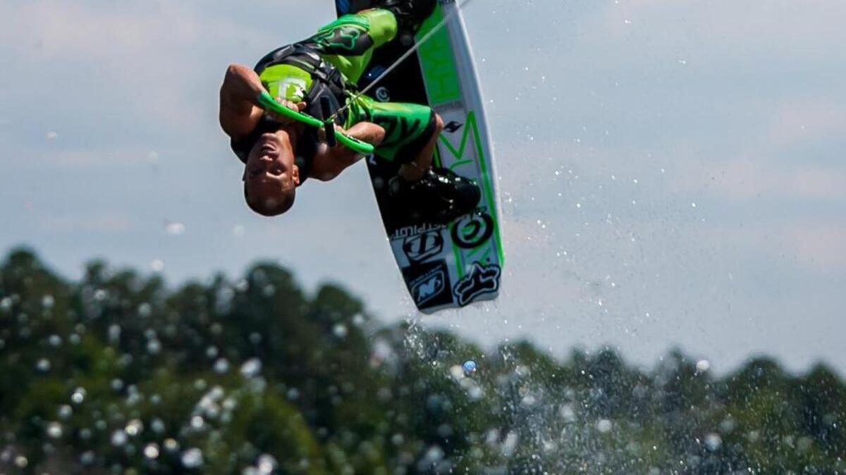 Wake boarder Shaun Murray performs during a previous show at Lake Murray.