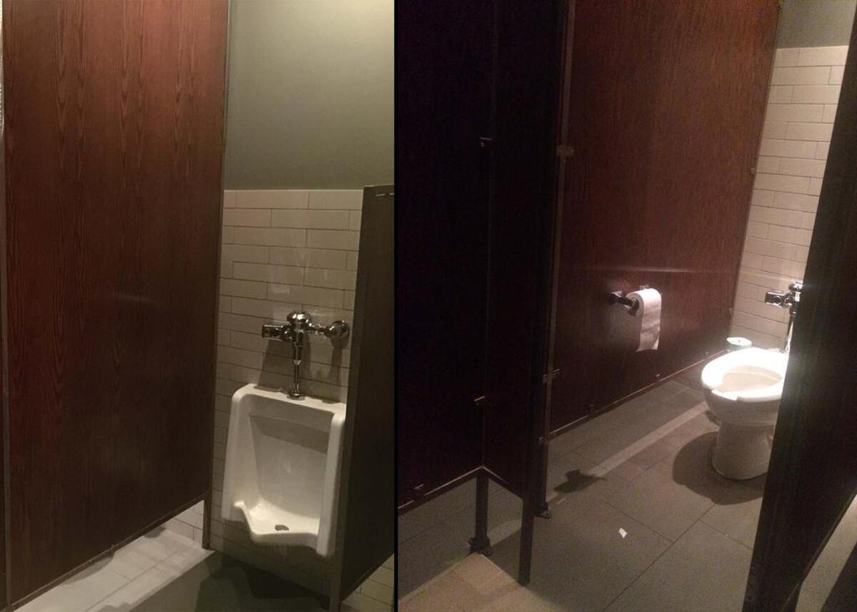 Men’s and women’s bathrooms at Oak Table.