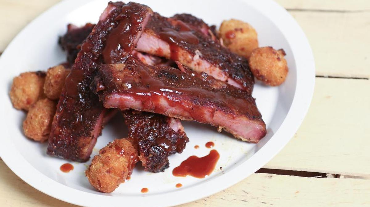 Ribs and hushpuppies from Midwood Smokehouse BBQ & Bar.