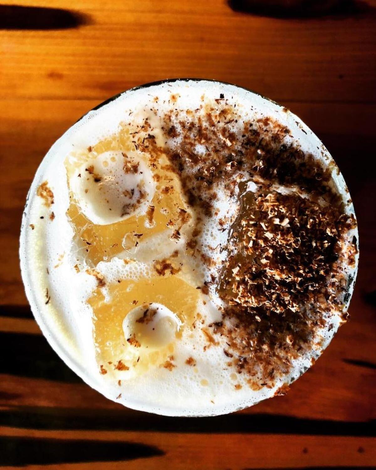 Bar-side view of The War Mouth’s seasonal eggnog.