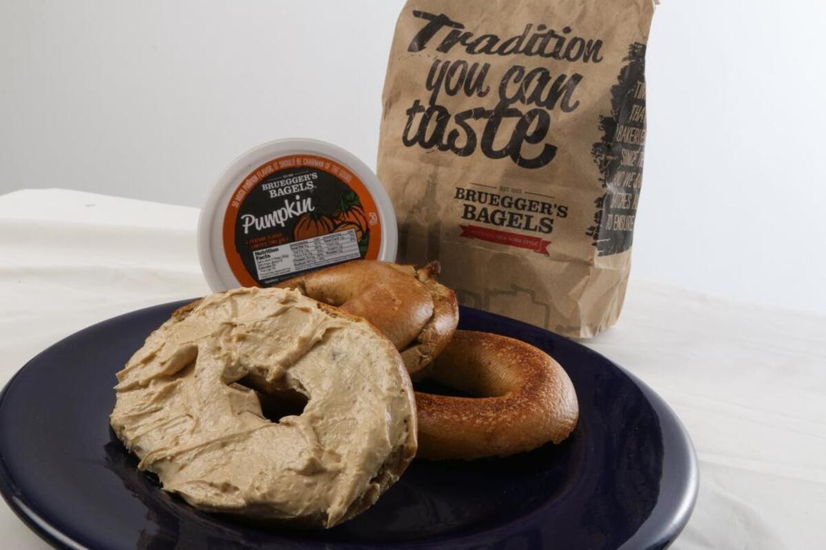 Pumpkin bagels and pumpkin cream cheese, from Bruegger’s Bagels 
