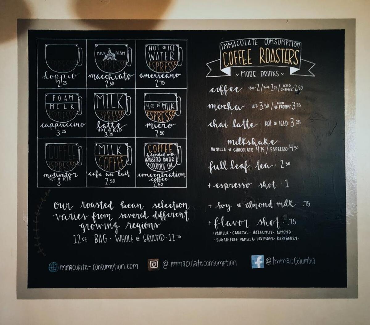 The Coffee board at Immaculate Consumption.