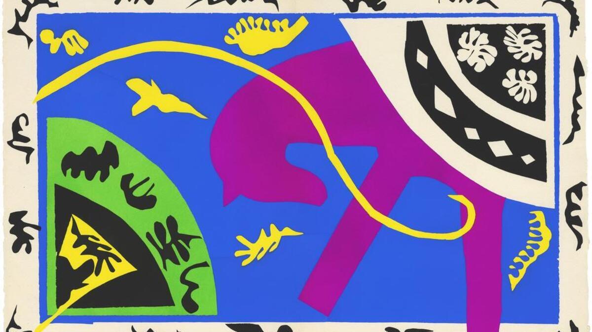 “The Horse, the Rider, and the Clown,” from “Jazz” by Henri Matisse, was created using a stencil tech.