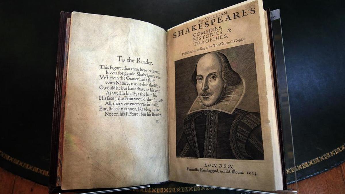 The first folio of William Shakespeare's collected plays published in 1623.