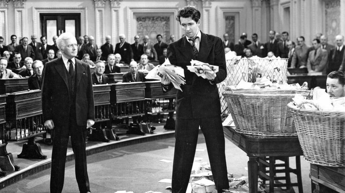 Claude Rains, left, and Jimmy Stewart during the filibuster scene in “Mr. Smith Goes to Washington.”