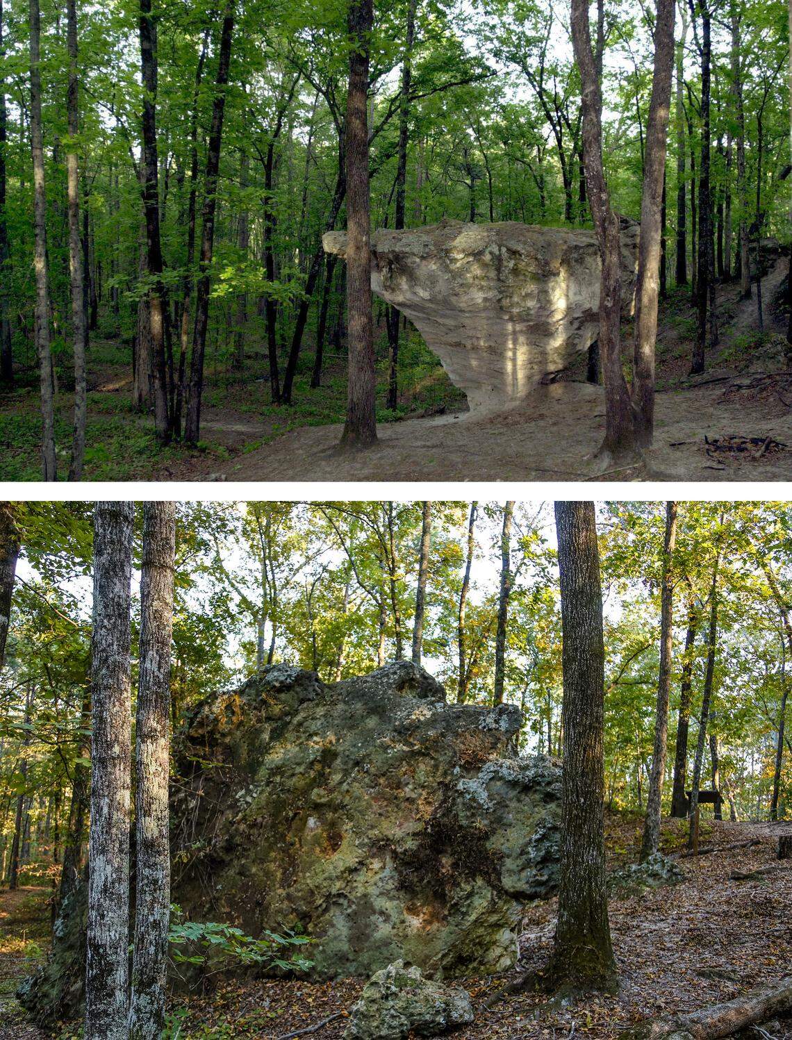 The Peachtree Rock is shown before (above) and after its 2013 collapse.