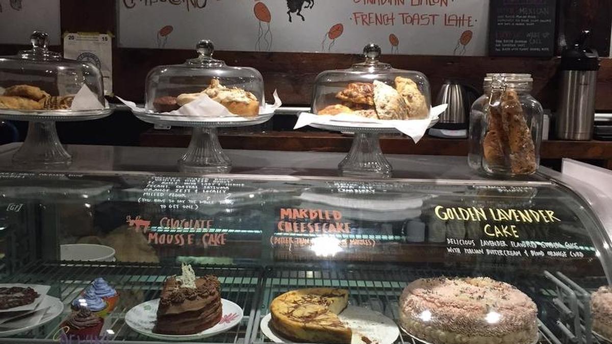 Tempting treats sit in a bakery display case at The Wired Goat.