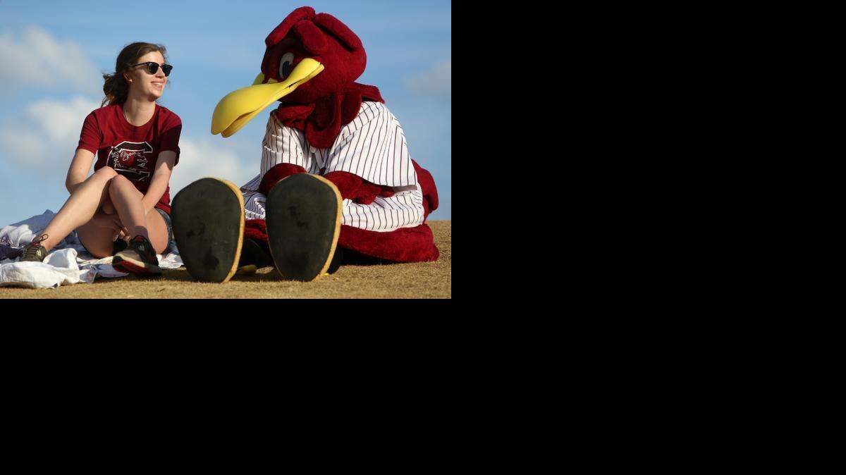 
Julia Liddle, a USC student, enjoy a South Carolina baseball game with Cocky at Carolina Stadium, Wednesday, March 4, 2015.

