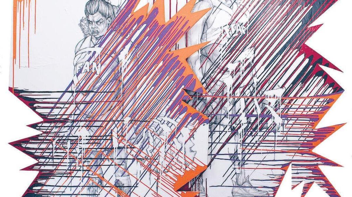 “Fanfear” is made of wood, Xerox transfers and latex paint.