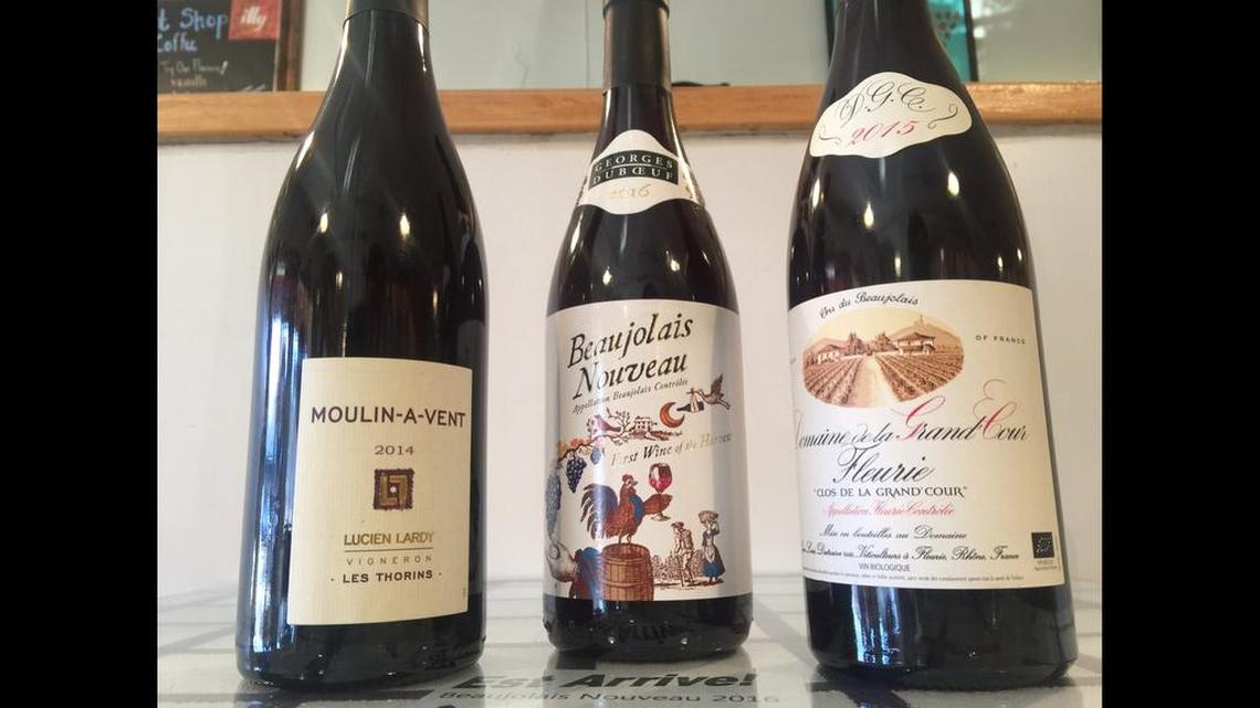 Beaujolais, from left, Lucien Lardy’s Moulin-A-Vent ($16.99), Georges Duboeuf’s Beaujolais Nouveau ($10.99) and Jean-Louis Dutraive Domaine de la Grand’Cour Fleurie ‘Clos de la Grand’Cour’ Beaujolais ($33.99).