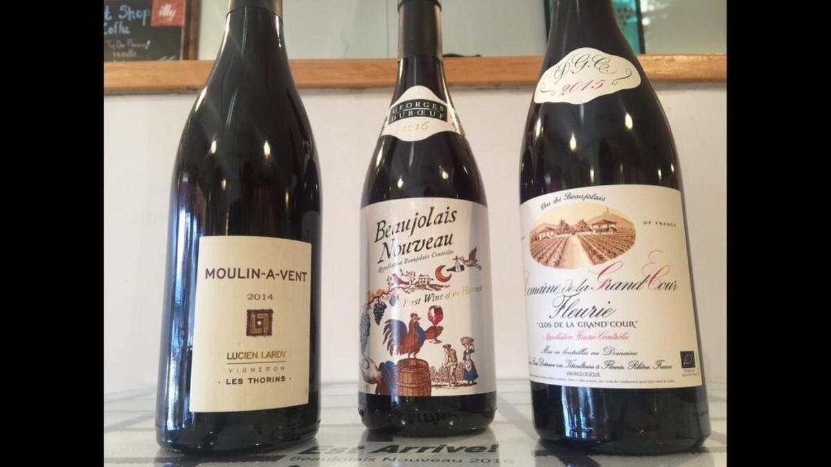 Beaujolais, from left, Lucien Lardy’s Moulin-A-Vent ($16.99), Georges Duboeuf’s Beaujolais Nouveau ($10.99) and Jean-Louis Dutraive Domaine de la Grand’Cour Fleurie ‘Clos de la Grand’Cour’ Beaujolais ($33.99).