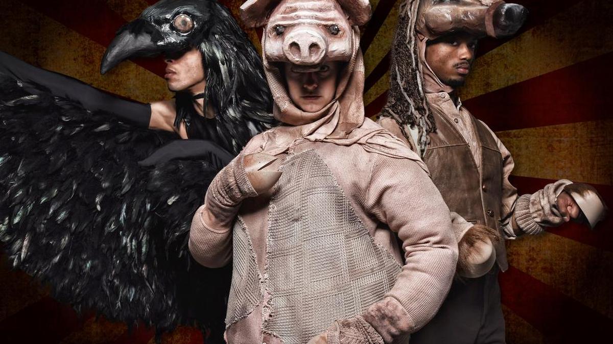 (l-r): Corey Robinson as Moses, Libby Hawkins as Napoleon, and Nicolas Stewart as Boxer