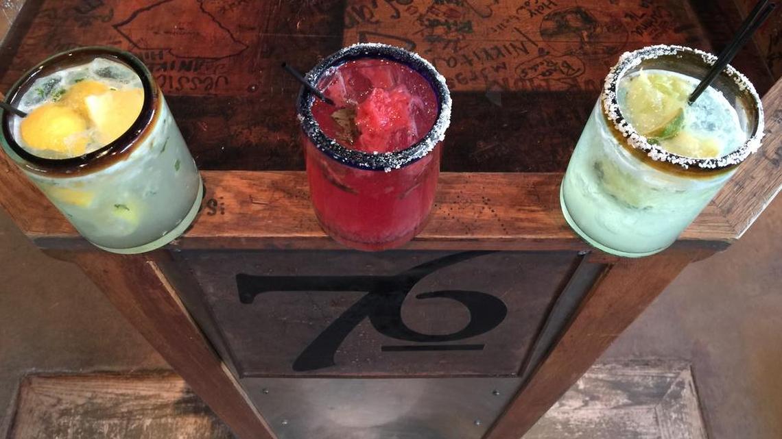 From left, Cantina 76’s Cantina margarita, Strawberry Basil margarita and the Cathead honeysuckle margarita.