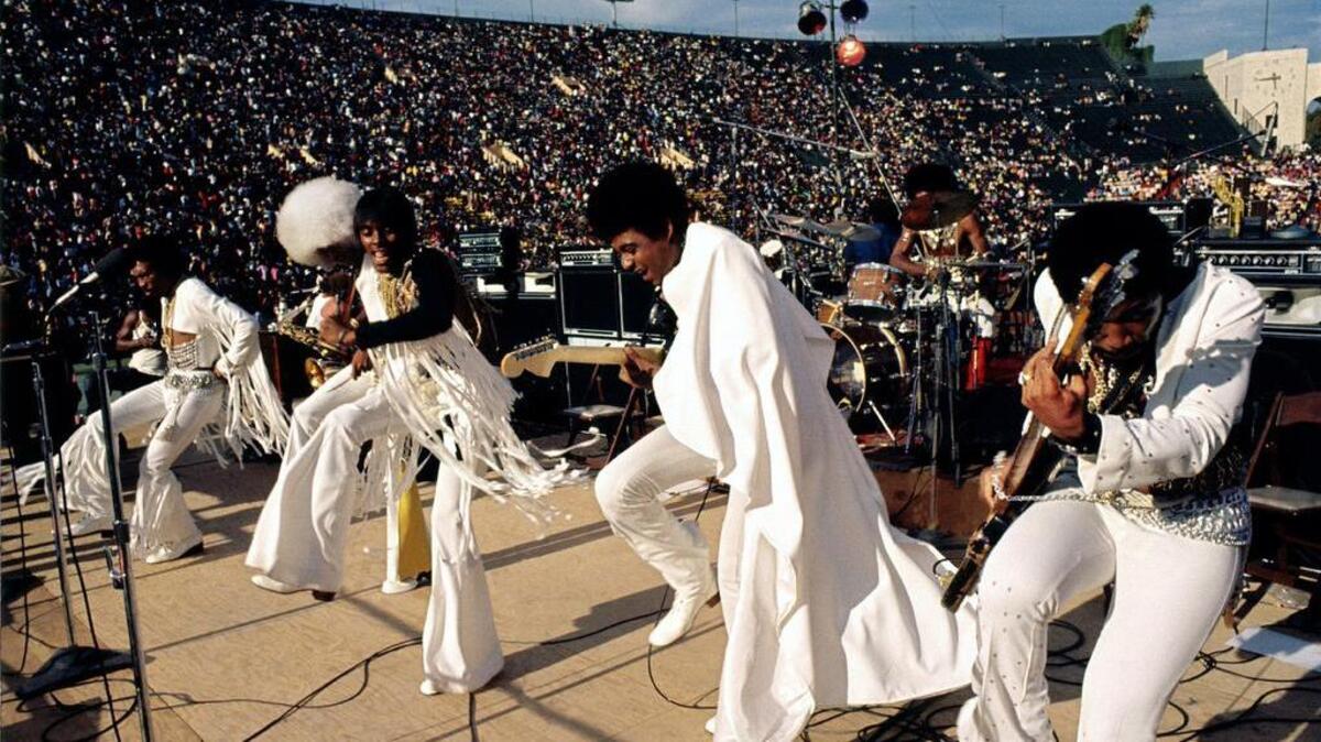 In a scene from “Wattstax,” the Bar-Kays perform during a 1972 concert in the Watts area of South Los Angeles. The film will be shown at The Nick.