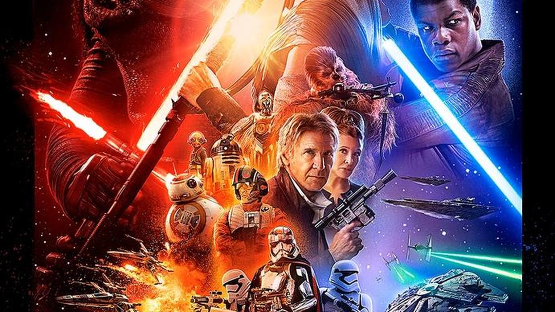 
This undated photo provided by Disney shows the poster for the new film, "Star Wars: The Force Awakens." "Star Wars" fans eagerly await the latest trailer for "The Force Awakens," airing during halftime of "Monday Night Football," on Oct. 19, 2015. The game starts at 5:15 p.m. PDT/8:15 p.m. EDT. (Disney via AP)
