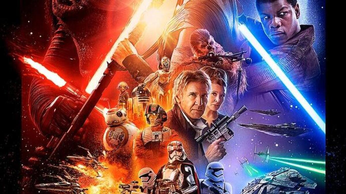 
This undated photo provided by Disney shows the poster for the new film, "Star Wars: The Force Awakens." "Star Wars" fans eagerly await the latest trailer for "The Force Awakens," airing during halftime of "Monday Night Football," on Oct. 19, 2015. The game starts at 5:15 p.m. PDT/8:15 p.m. EDT. (Disney via AP)
