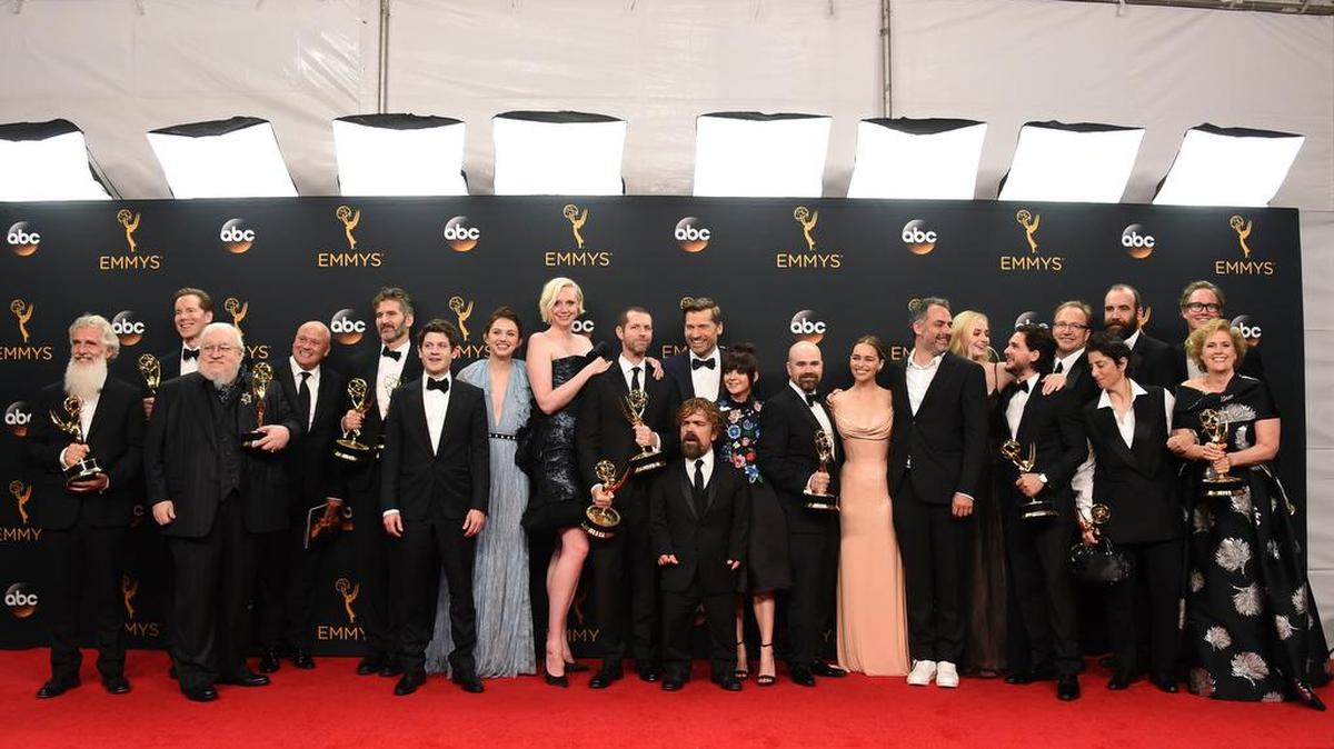The cast and crew of “Game of Thrones” winners of the award for outstanding drama series pose in the press room at the 68th Primetime Emmy Awards on Sunday, Sept. 18, 2016, at the Microsoft Theater in Los Angeles.