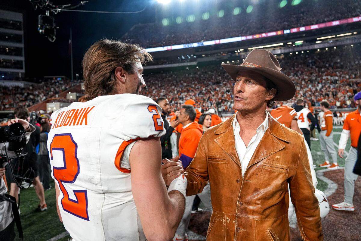 December 21, 2024: Actor Matthew McConaughey meets Clemson quarterback Cade Klubnik (2) after they lost 38-24 to the Texas Longhorns in the first round of the College Football Playoffs at Darrell K Royal-Texas Memorial Stadium.