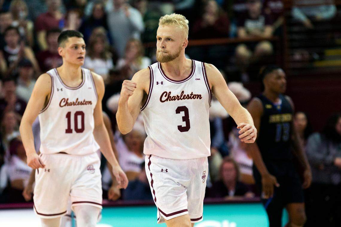 College of Charleston’s Dalton Bolon (3) pumps his fist late in the second half against Delaware during a NCAA college basketball game in Charleston, S.C., Saturday, Jan. 7, 2023. (AP Photo/Mic Smith)