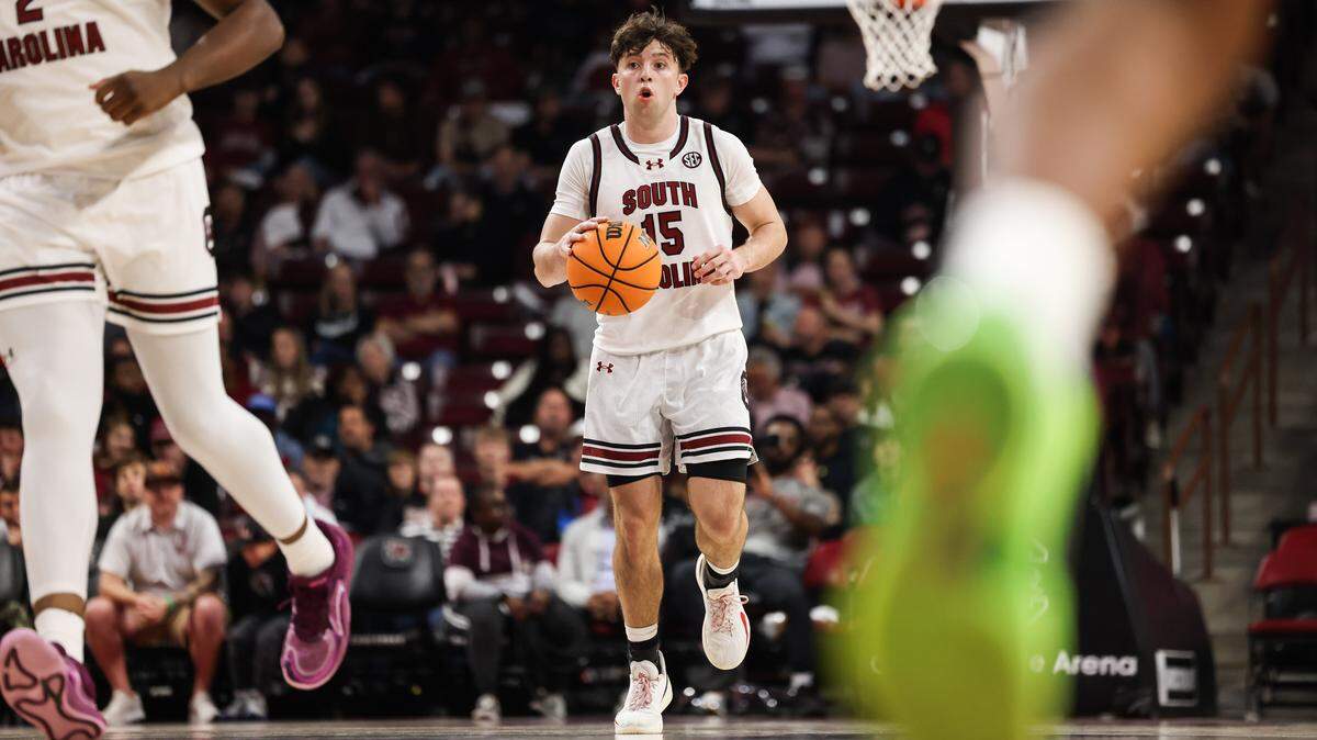 South Carolina guard Eli Ellis (15) brings the ball up the court during the first half of action of the men's basketball game against North Carolina A&T at Colonial Life Arena on Tuesday, Nov. 4, 2025.



