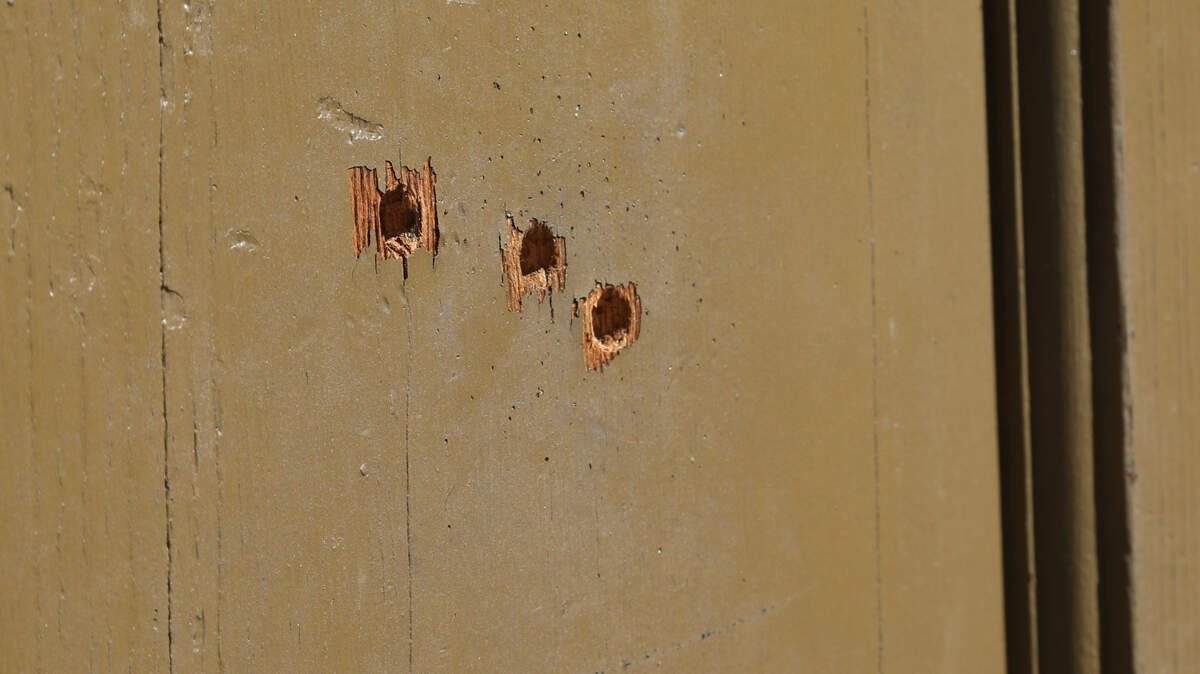 Three bullet holes are seen in the door of an apartment in the 400 block of Deerwood Street where a 17-year-old was shot and killed. 10/29/18