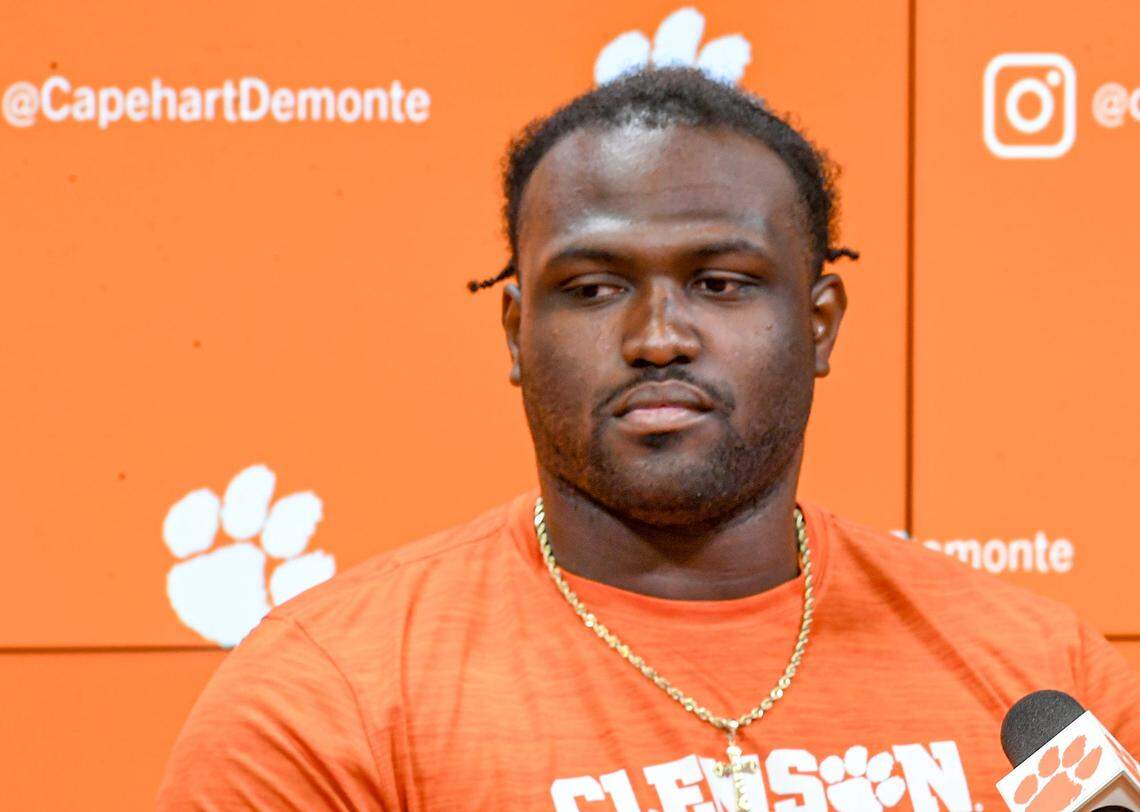 Clemson defensive lineman DeMonte Capehart speaks during a press conference at the Smart Family Media Center in Clemson, S.C. Wednesday, August 28, 2024. Clemson plays University of Georgia at the Mercedes-Benz Stadium in Atlanta, Georgia Saturday, August 31 at noon.